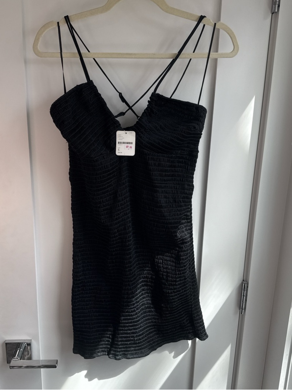 Free People Black Mini Slip Dress with Smocked Texture